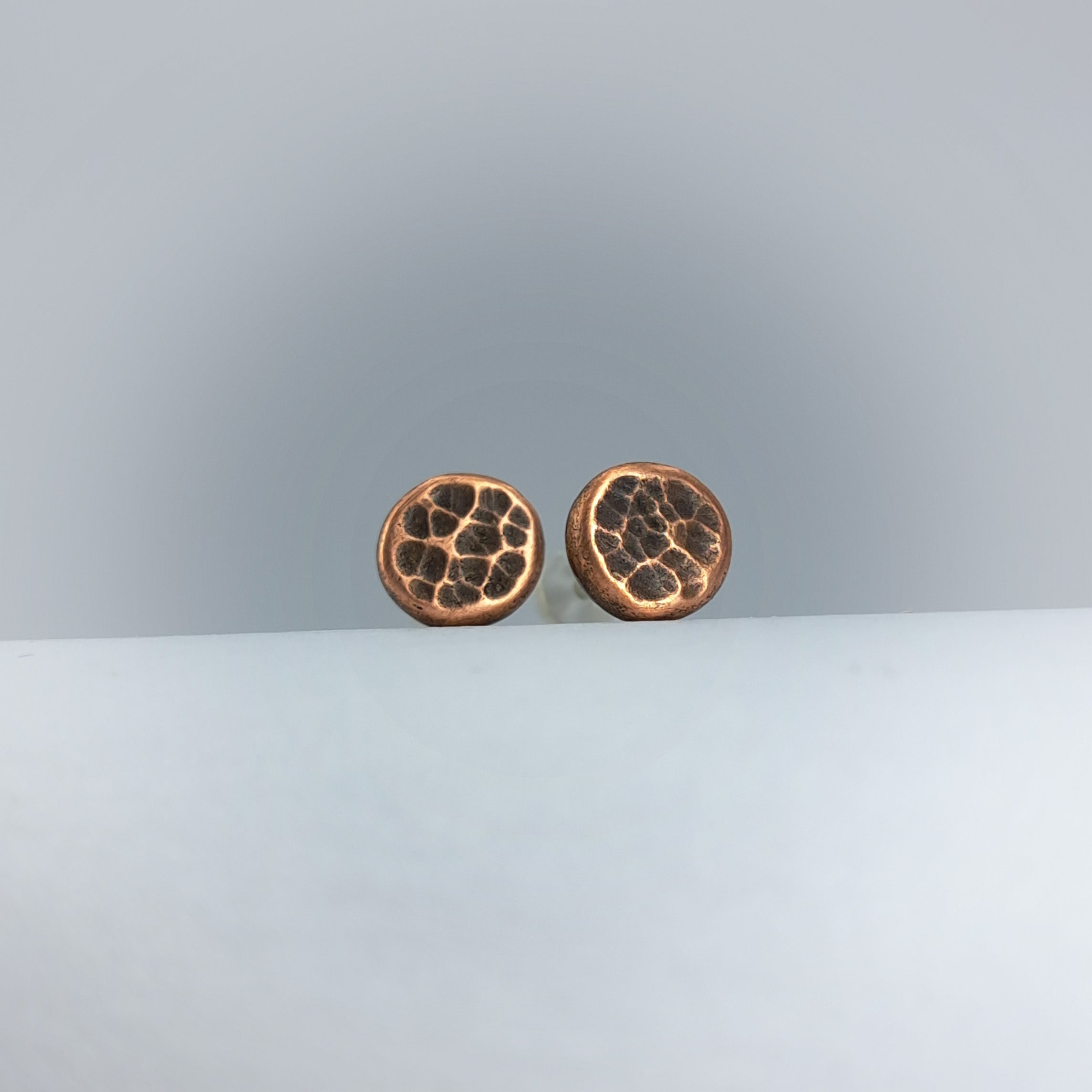 Hammered Copper Circle Stud Earrings — 925 Sterling Silver Posts