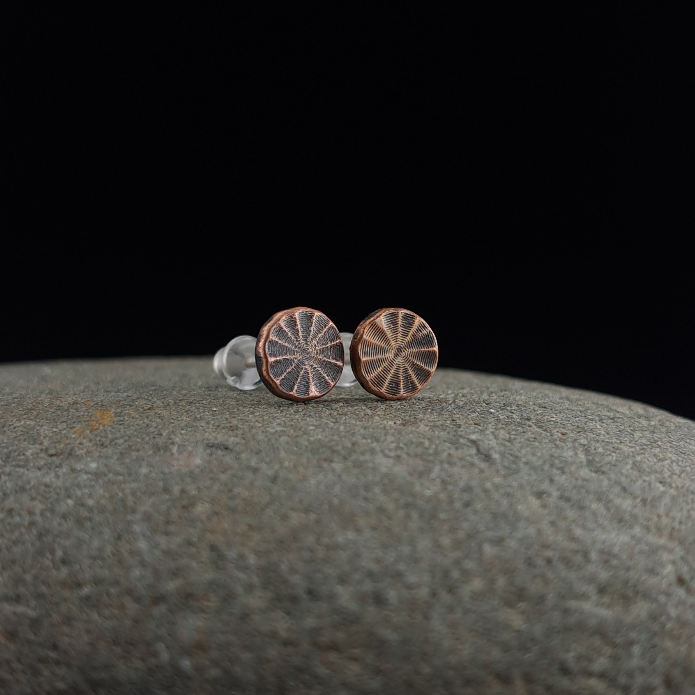 Citrus Cut Copper Circle Stud Earrings — 925 Sterling Silver Posts