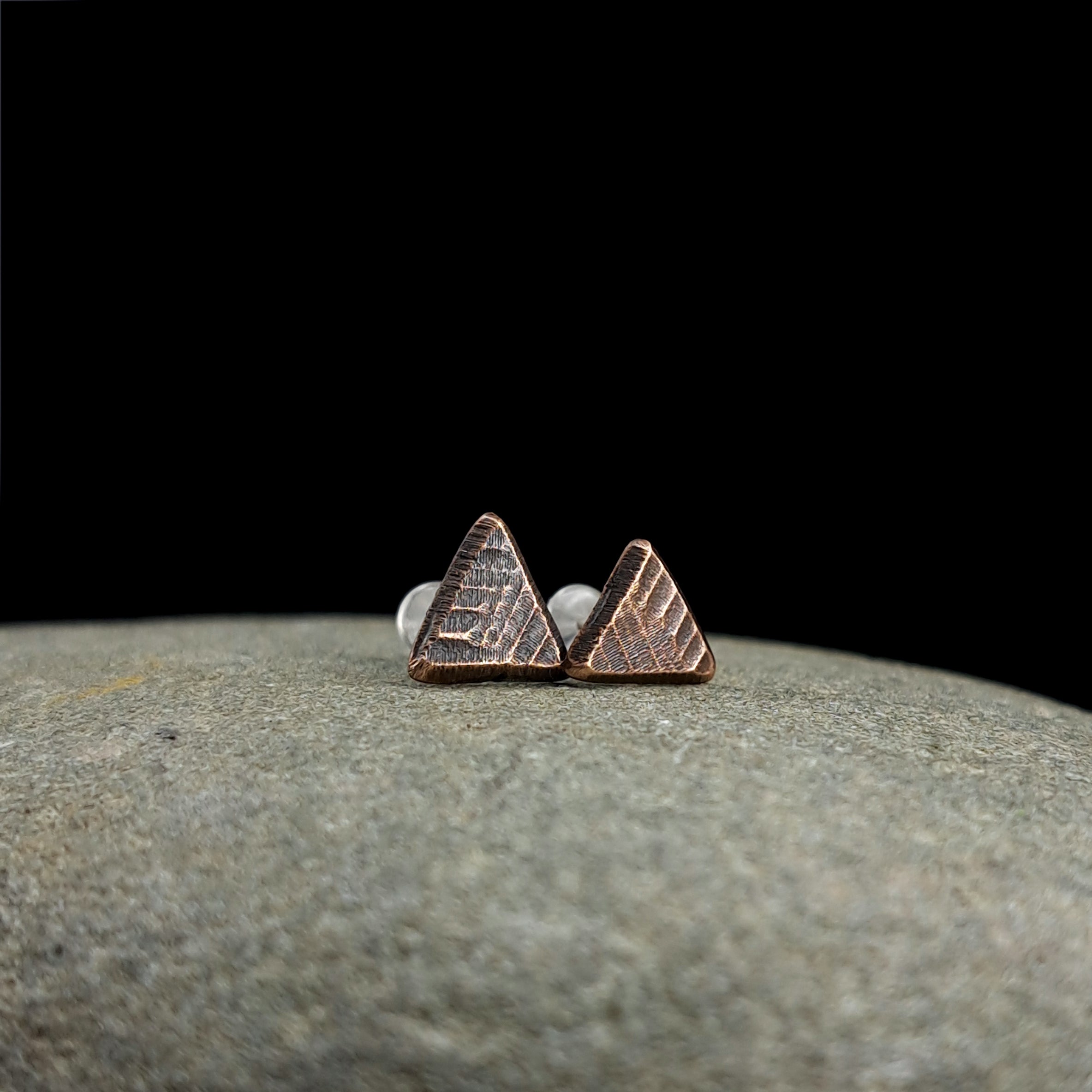 Woven Copper Triangle Stud Earrings — 925 Sterling Silver Posts