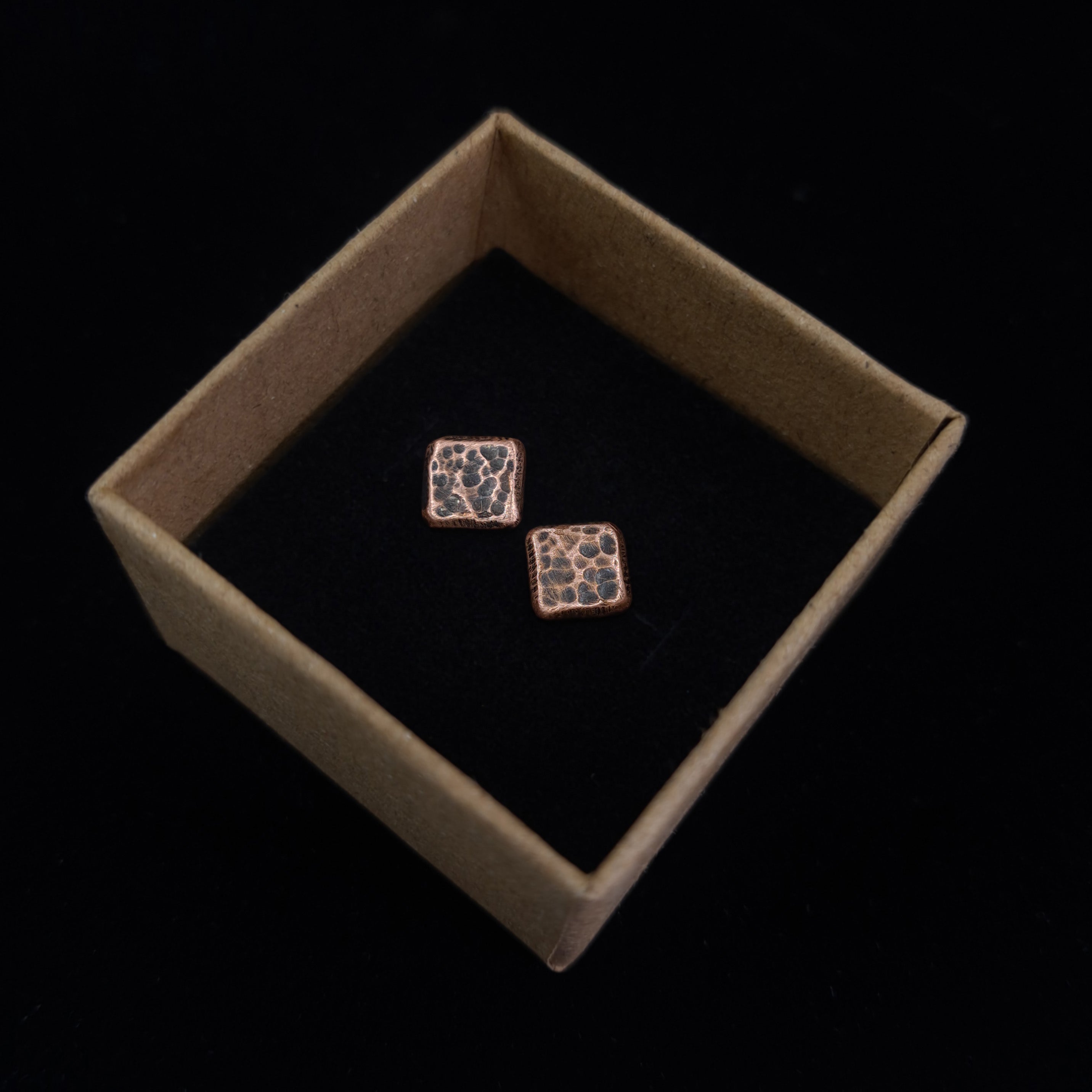 Hammered Copper Square Stud Earrings — 925 Sterling Silver Posts