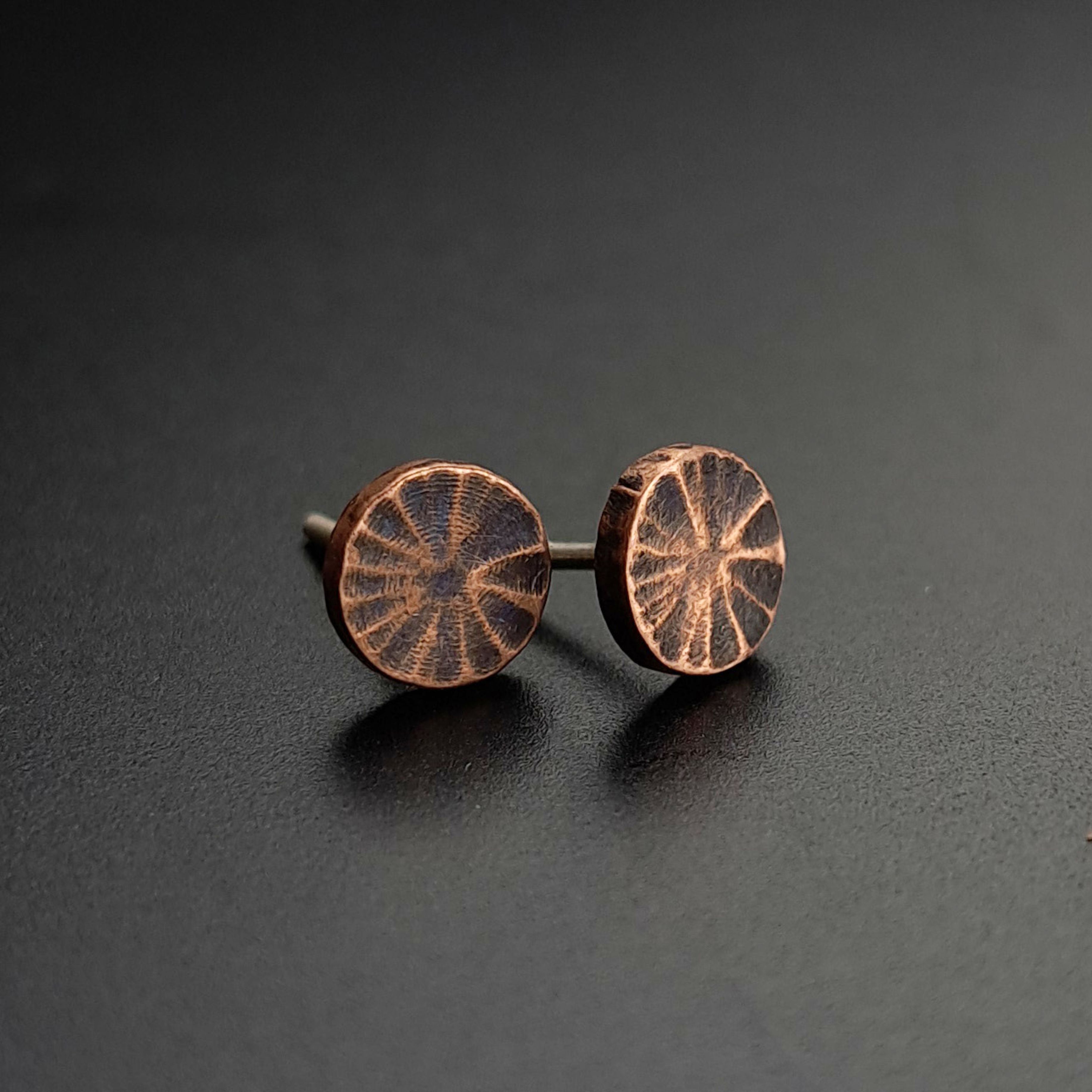 Citrus Cut Copper Circle Stud Earrings — 925 Sterling Silver Posts