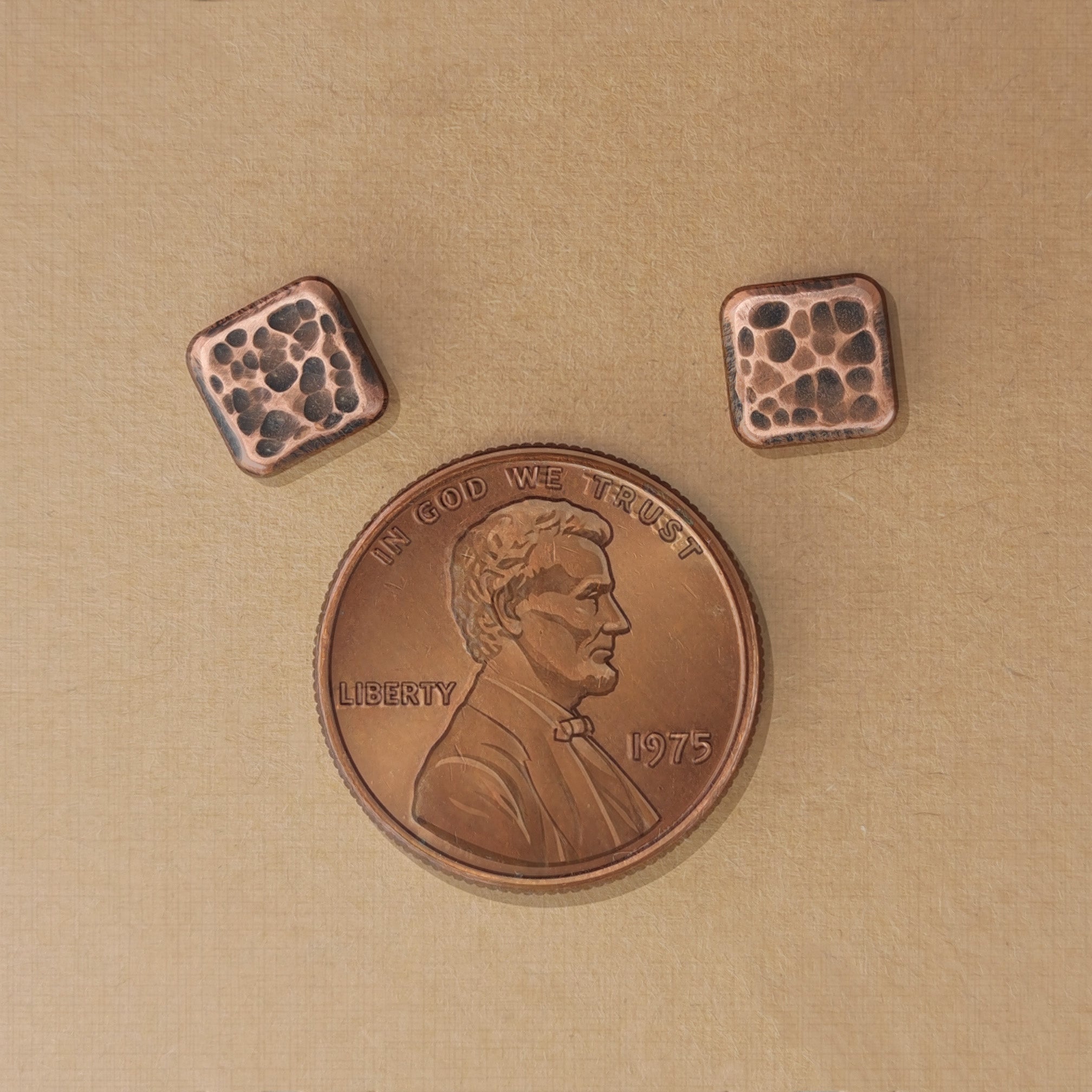 Hammered Copper Square Stud Earrings — 925 Sterling Silver Posts