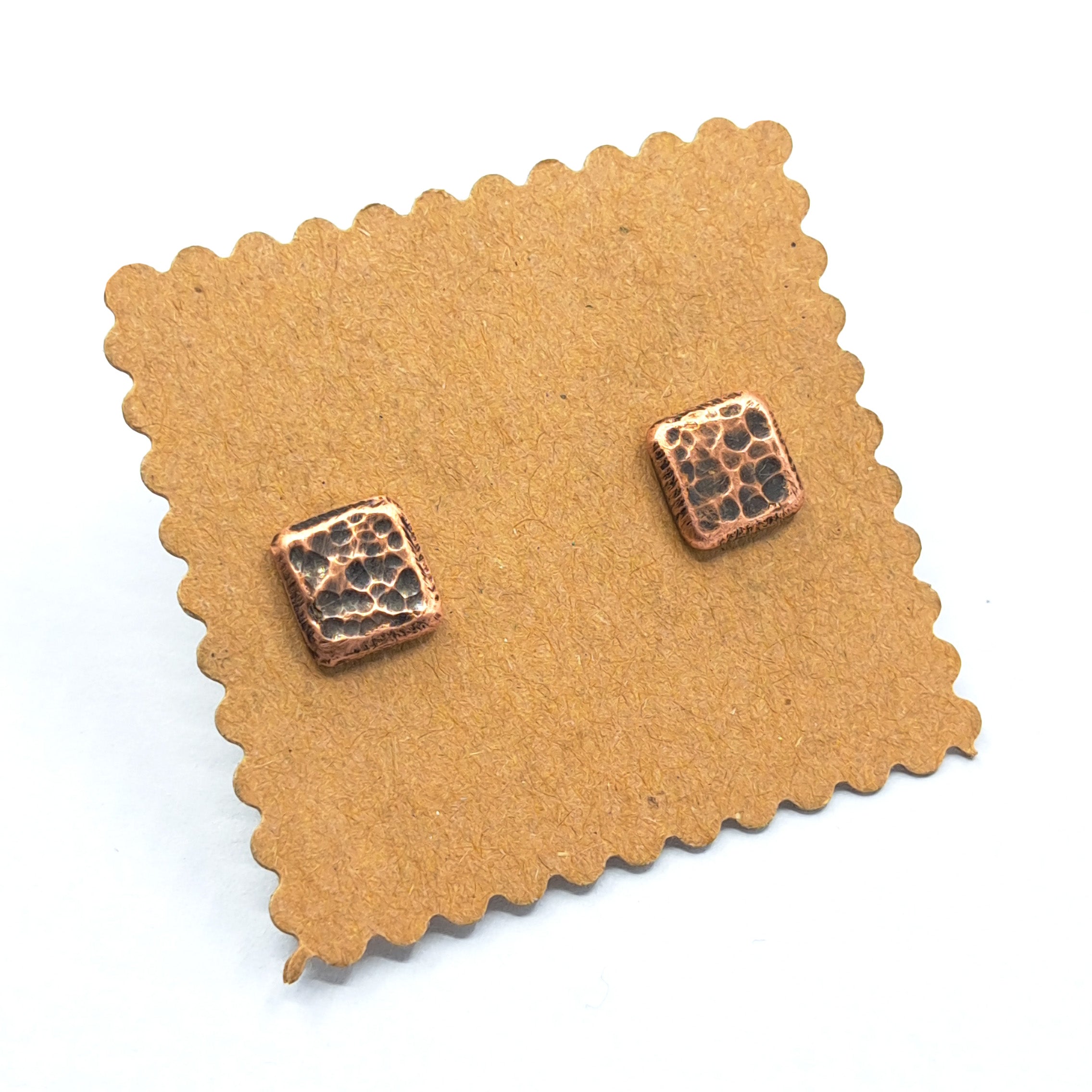 Hammered Copper Square Stud Earrings — 925 Sterling Silver Posts