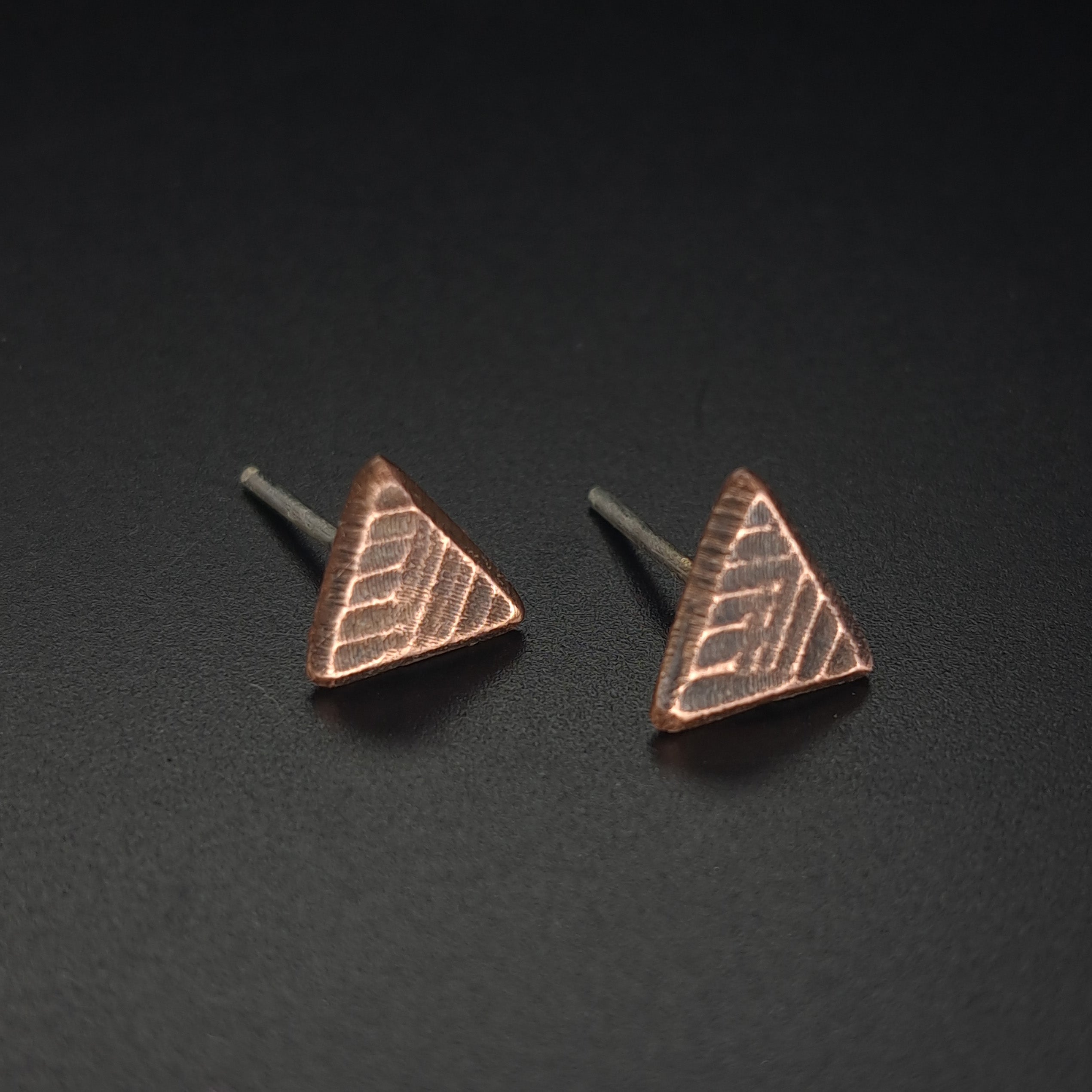 Woven Copper Triangle Stud Earrings — 925 Sterling Silver Posts