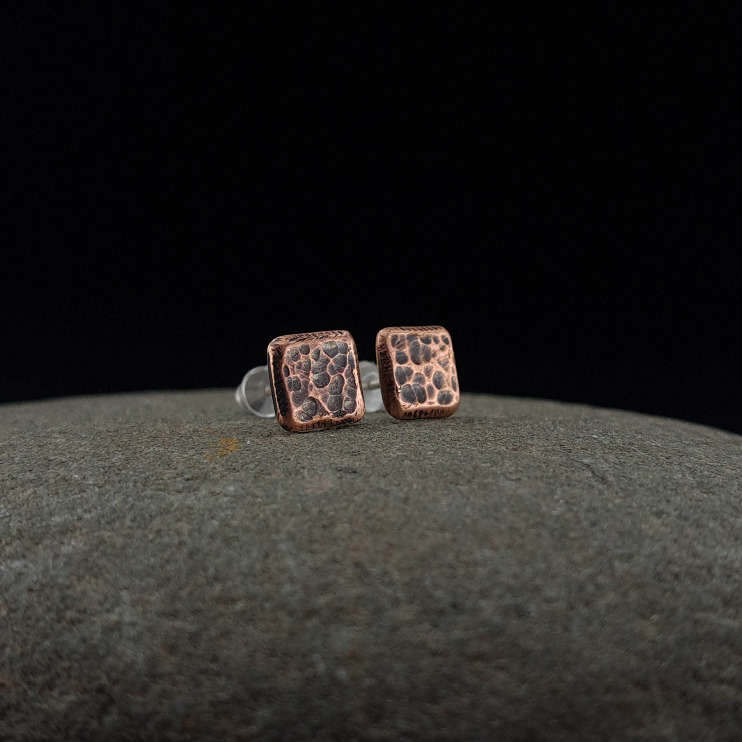 Hammered Copper Square Stud Earrings — 925 Sterling Silver Posts