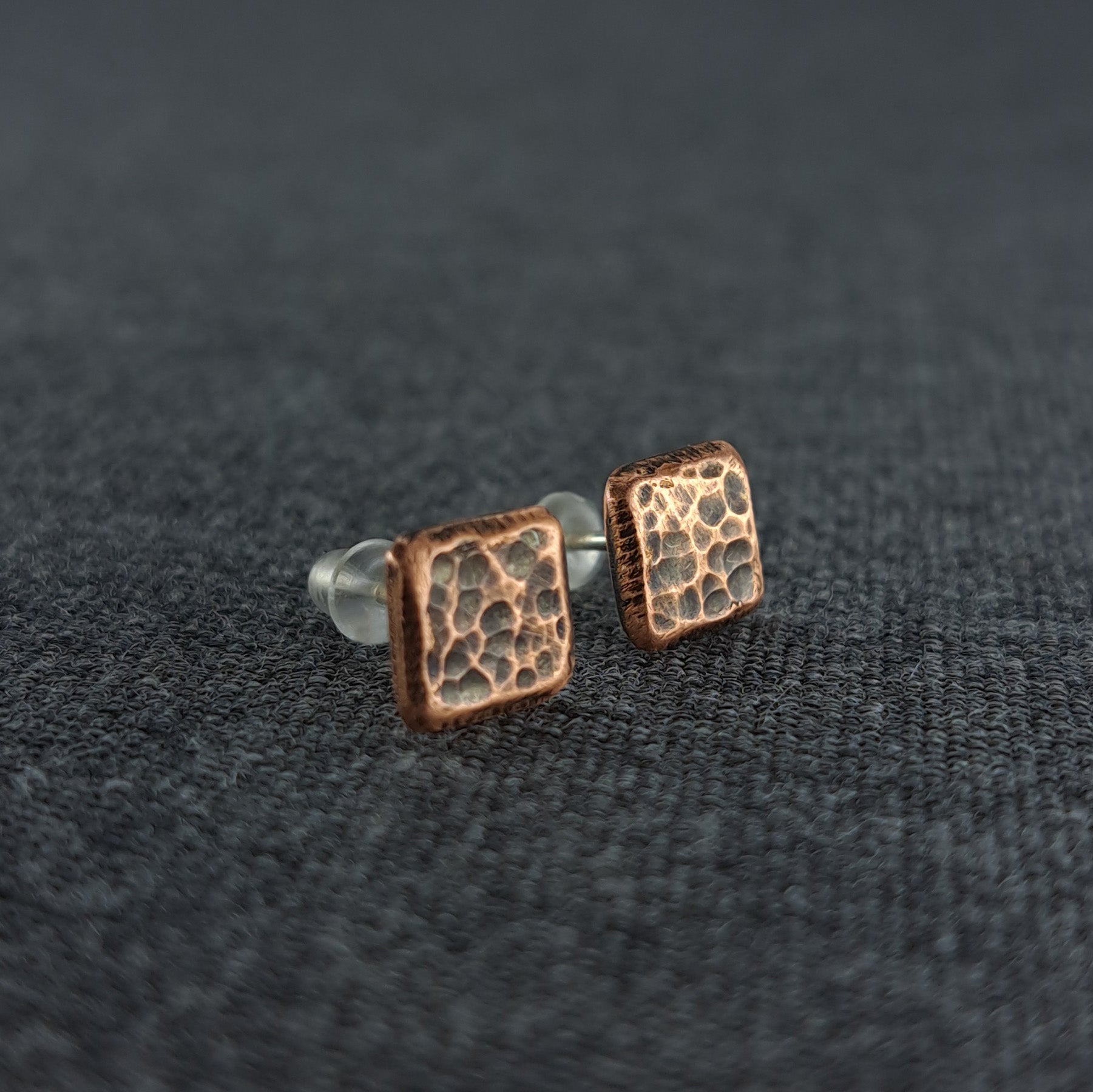 Hammered Copper Square Stud Earrings — 925 Sterling Silver Posts