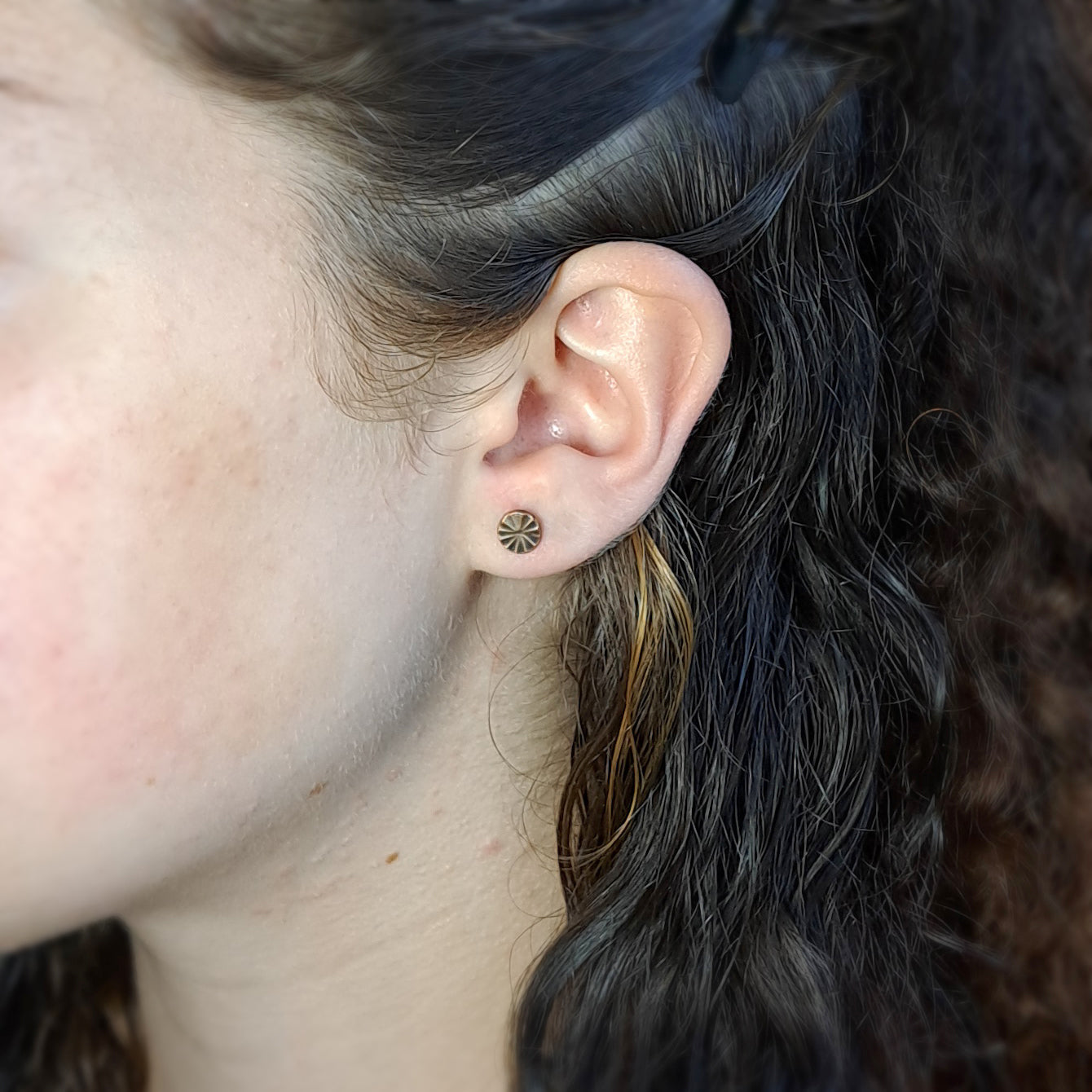 Citrus Cut Copper Circle Stud Earrings — 925 Sterling Silver Posts