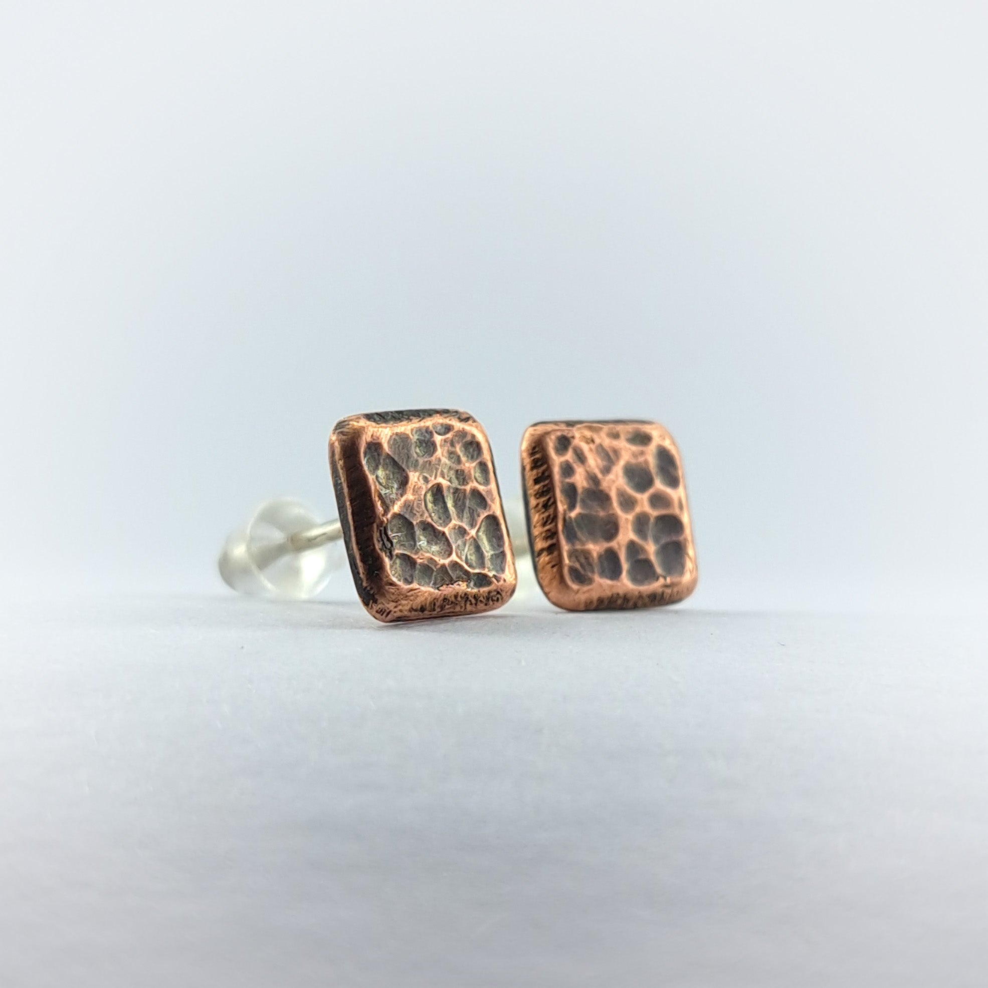 Hammered Copper Square Stud Earrings — 925 Sterling Silver Posts