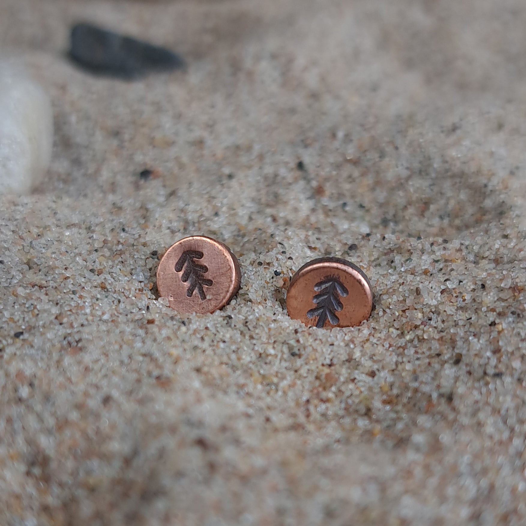 Fir-Stamped Copper Circle Stud Earrings — 925 Sterling Silver Posts