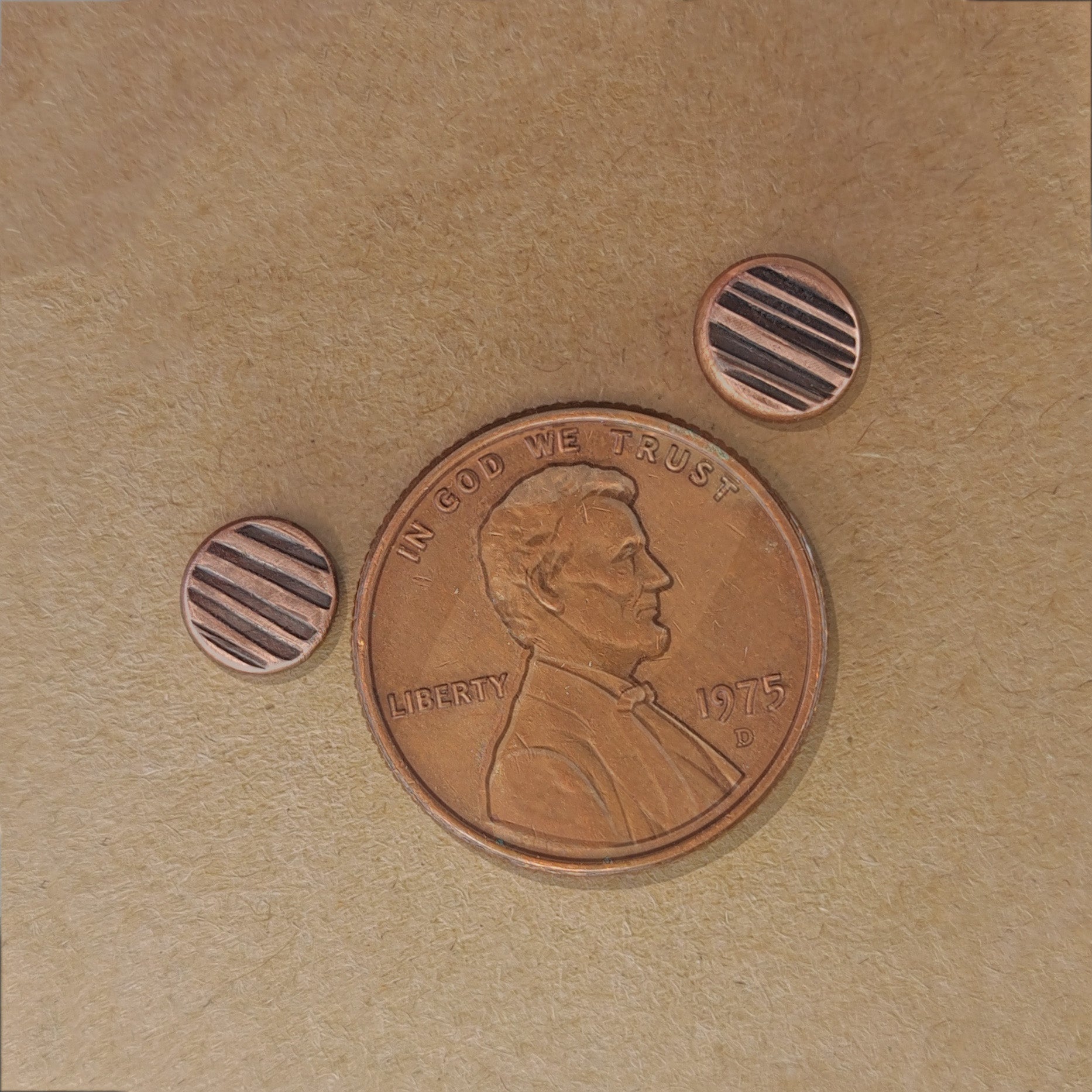 Lined Copper Circle Stud Earrings — 925 Sterling Silver Posts