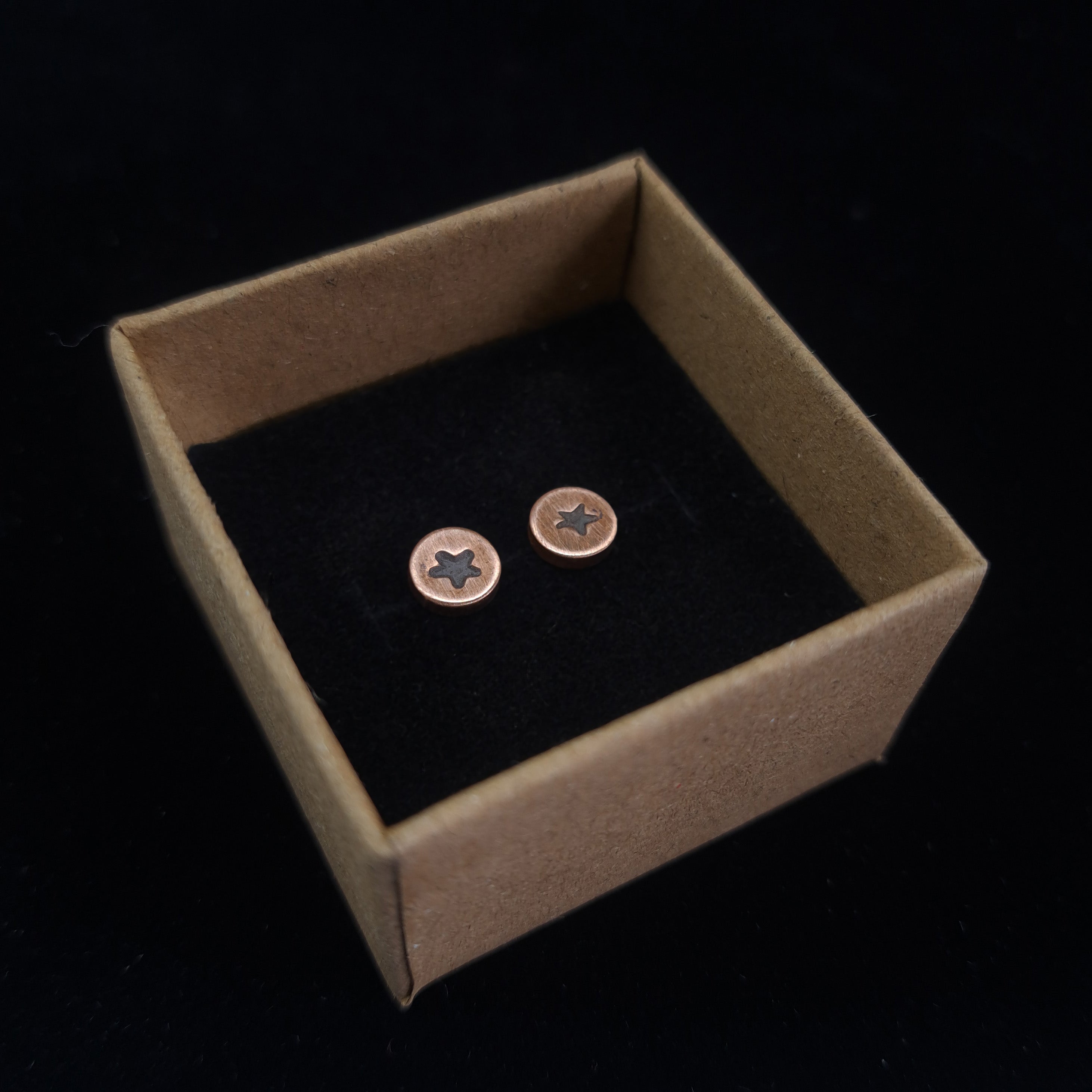 Star-Stamped Copper Circle Stud Earrings — 925 Sterling Silver Posts