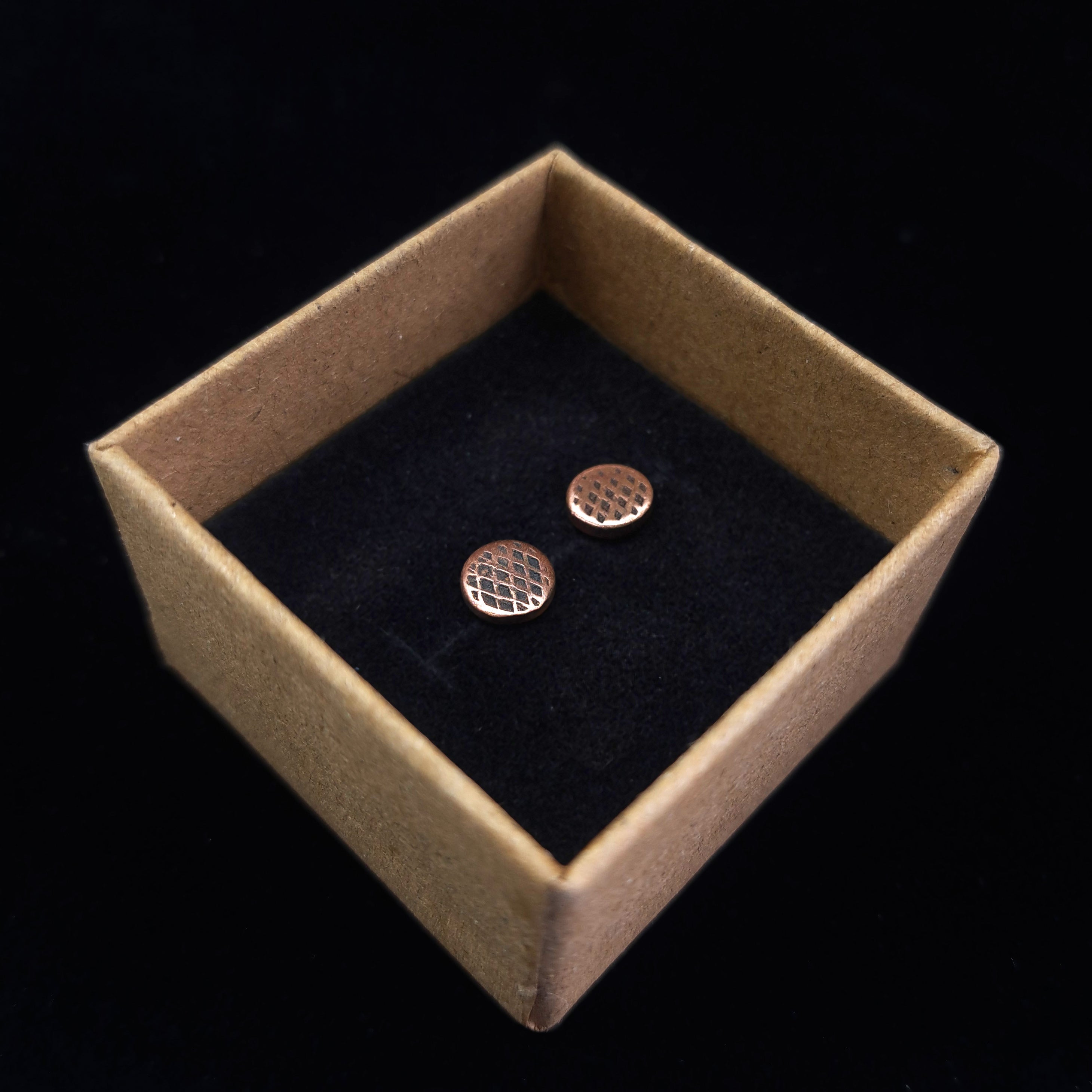 Cross-Hatched Copper Circle Stud Earrings — 925 Sterling Silver Posts