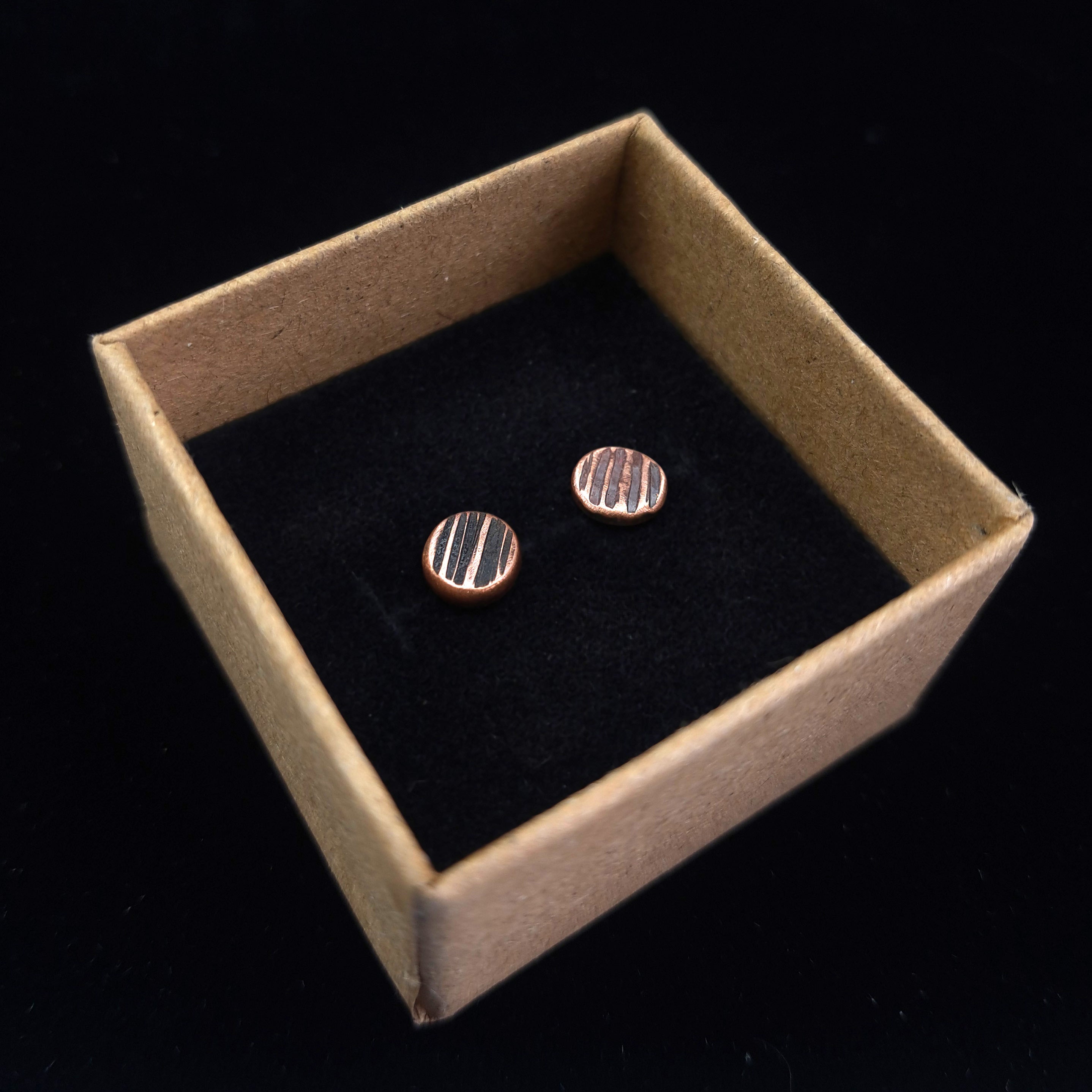 Lined Copper Circle Stud Earrings — 925 Sterling Silver Posts