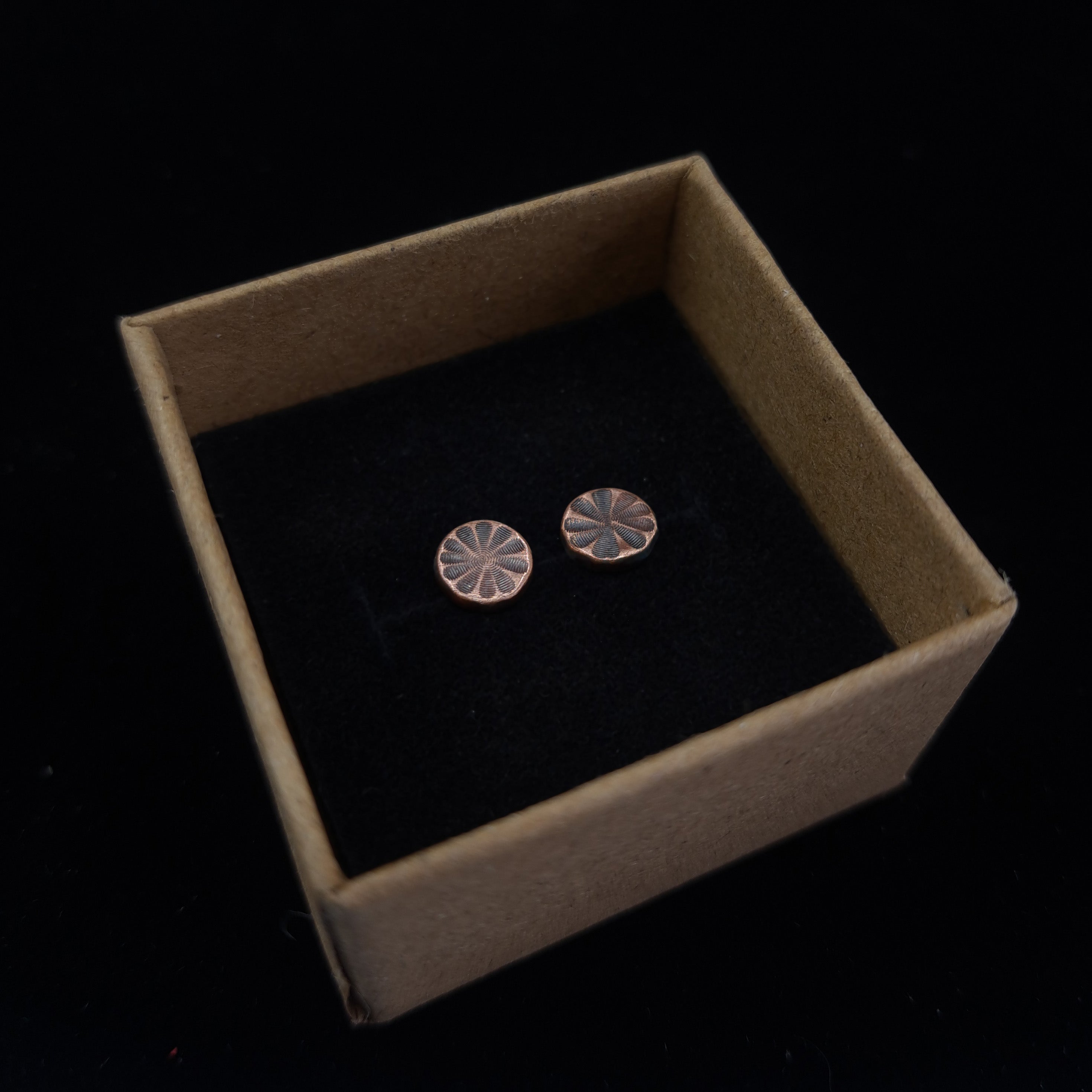 Citrus Cut Copper Circle Stud Earrings — 925 Sterling Silver Posts