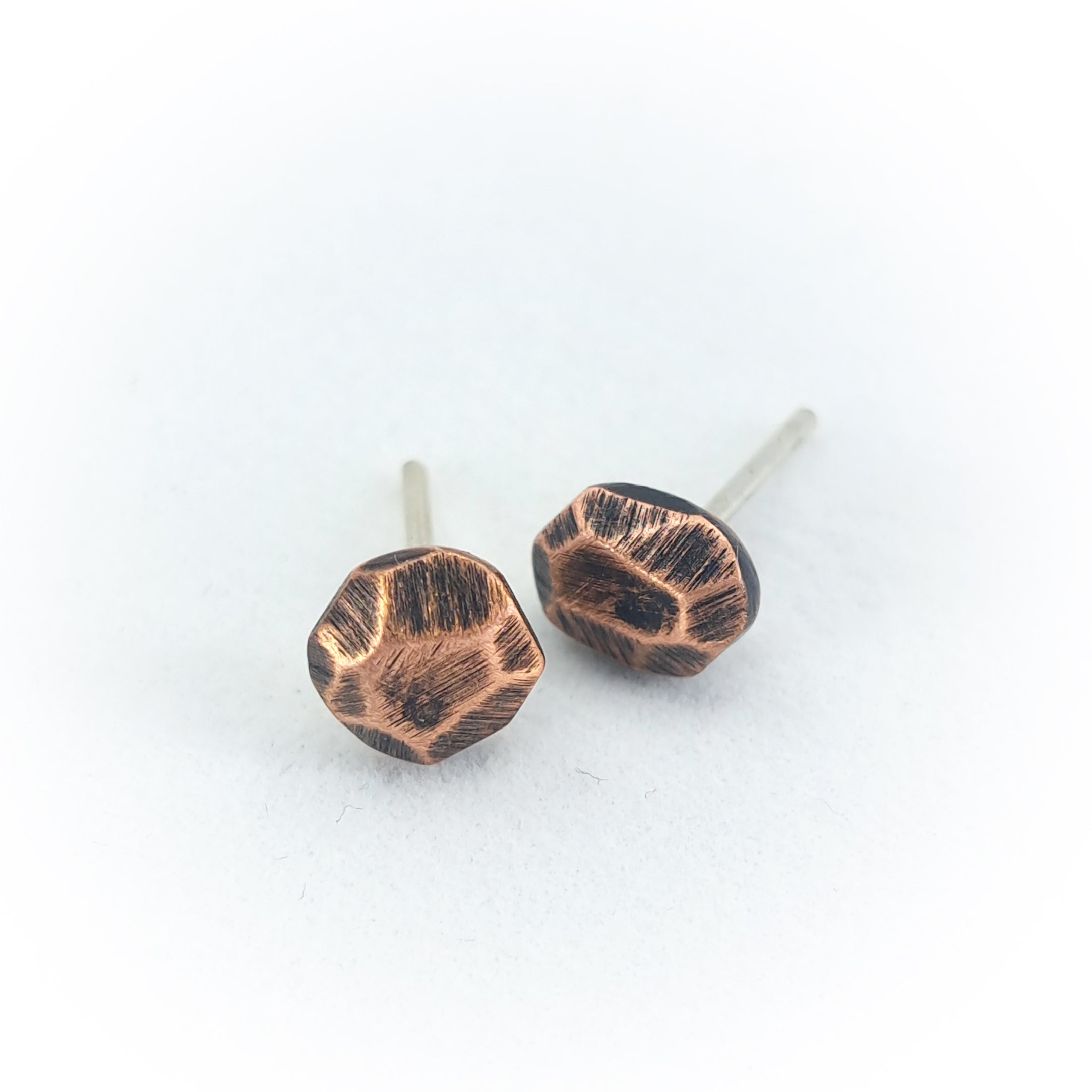 Faceted Copper Stud Earrings — 925 Sterling Silver Posts
