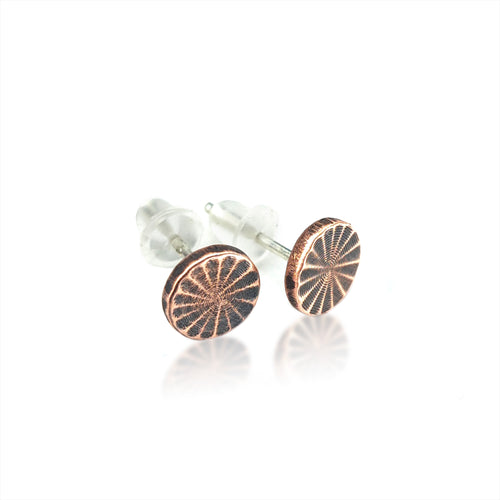 Citrus Cut Copper Circle Stud Earrings — 925 Sterling Silver Posts