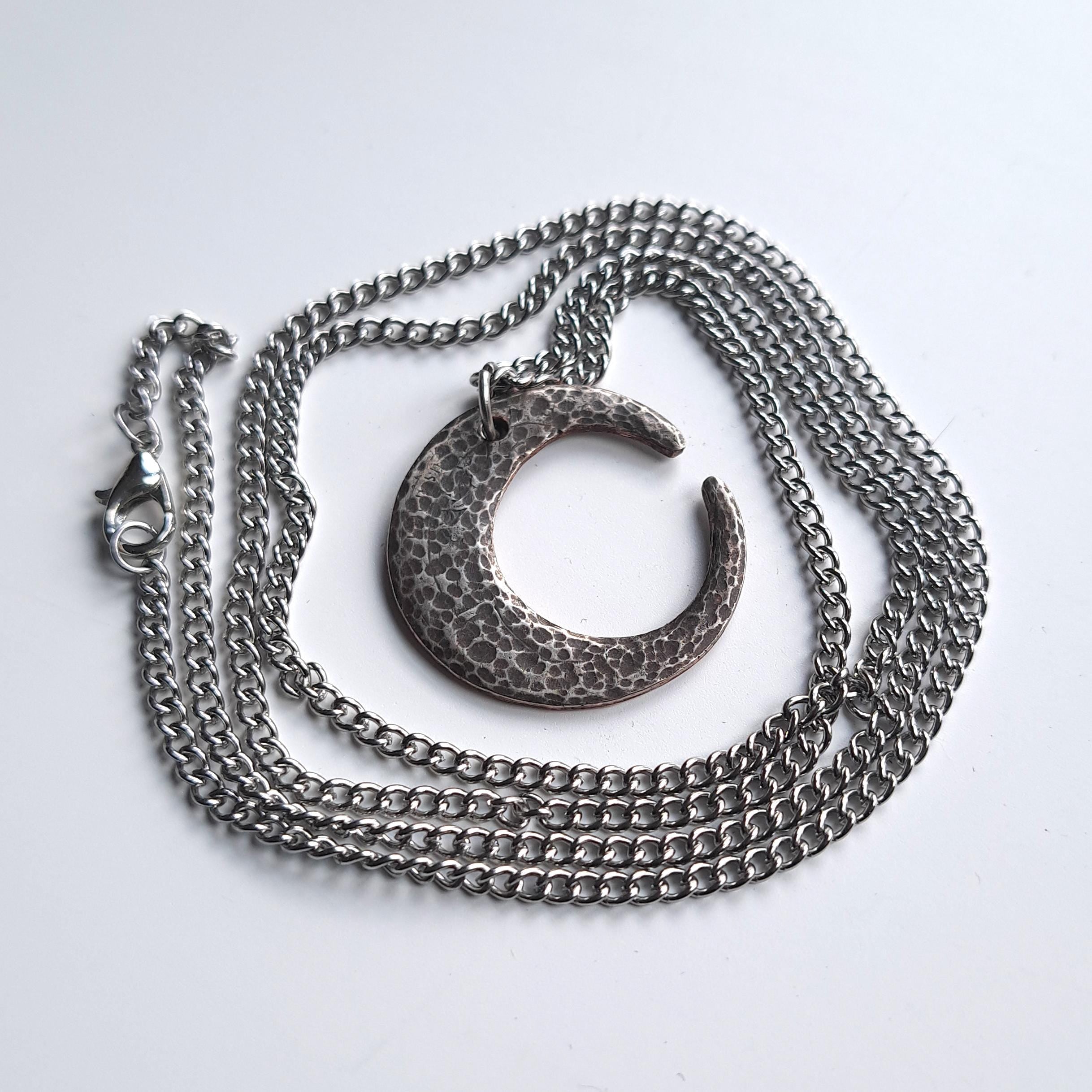 Handmade Hammered Crescent Moon Necklace: Gothic Celestial Pendant