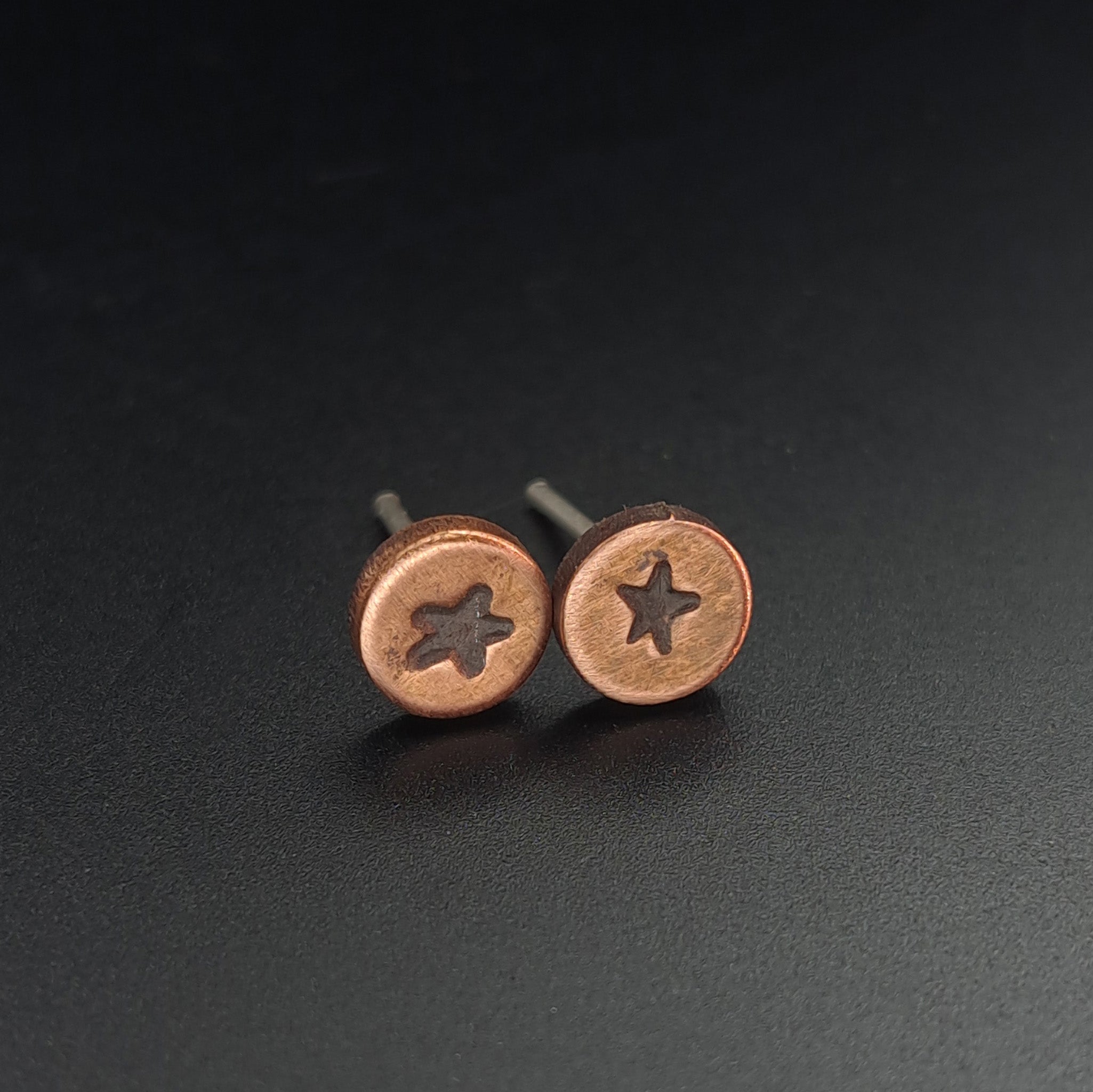 Star-Stamped Copper Circle Stud Earrings — 925 Sterling Silver Posts