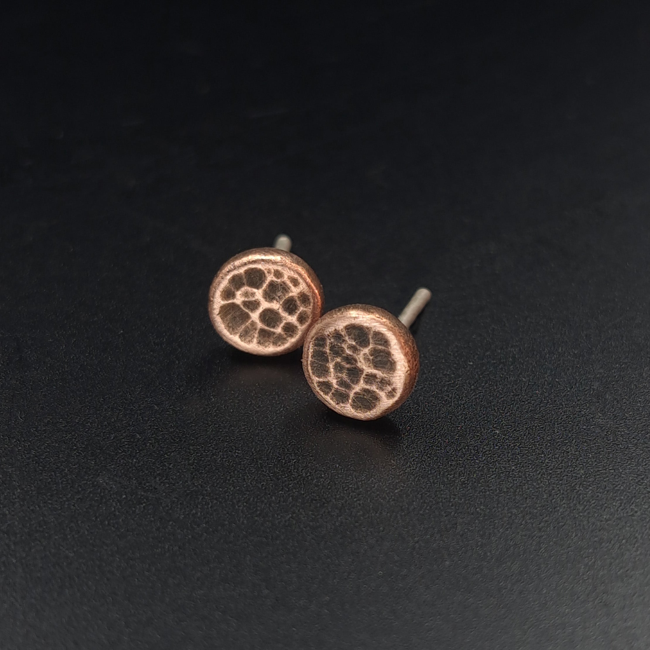 Hammered Copper Circle Stud Earrings — 925 Sterling Silver Posts
