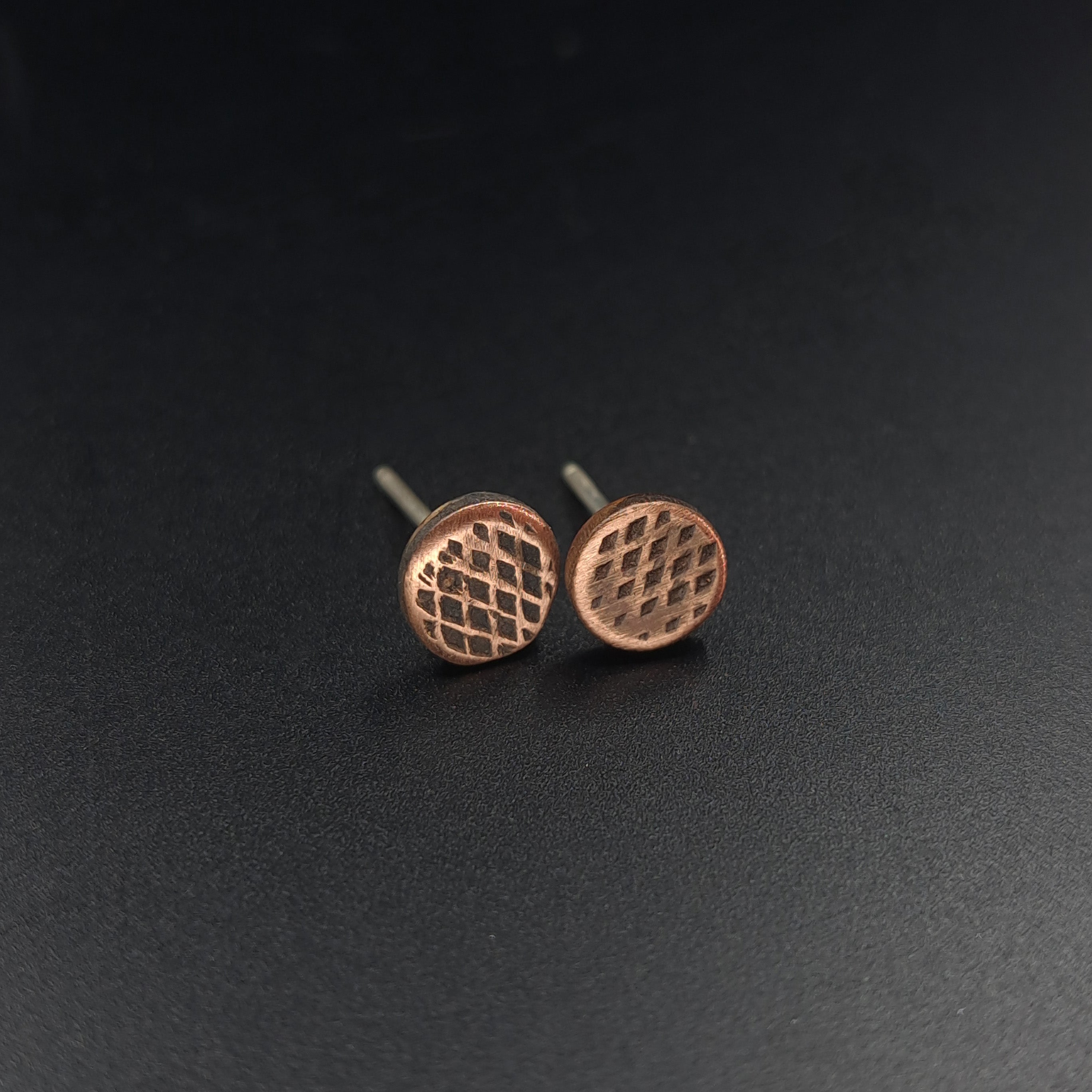 Cross-Hatched Copper Circle Stud Earrings — 925 Sterling Silver Posts