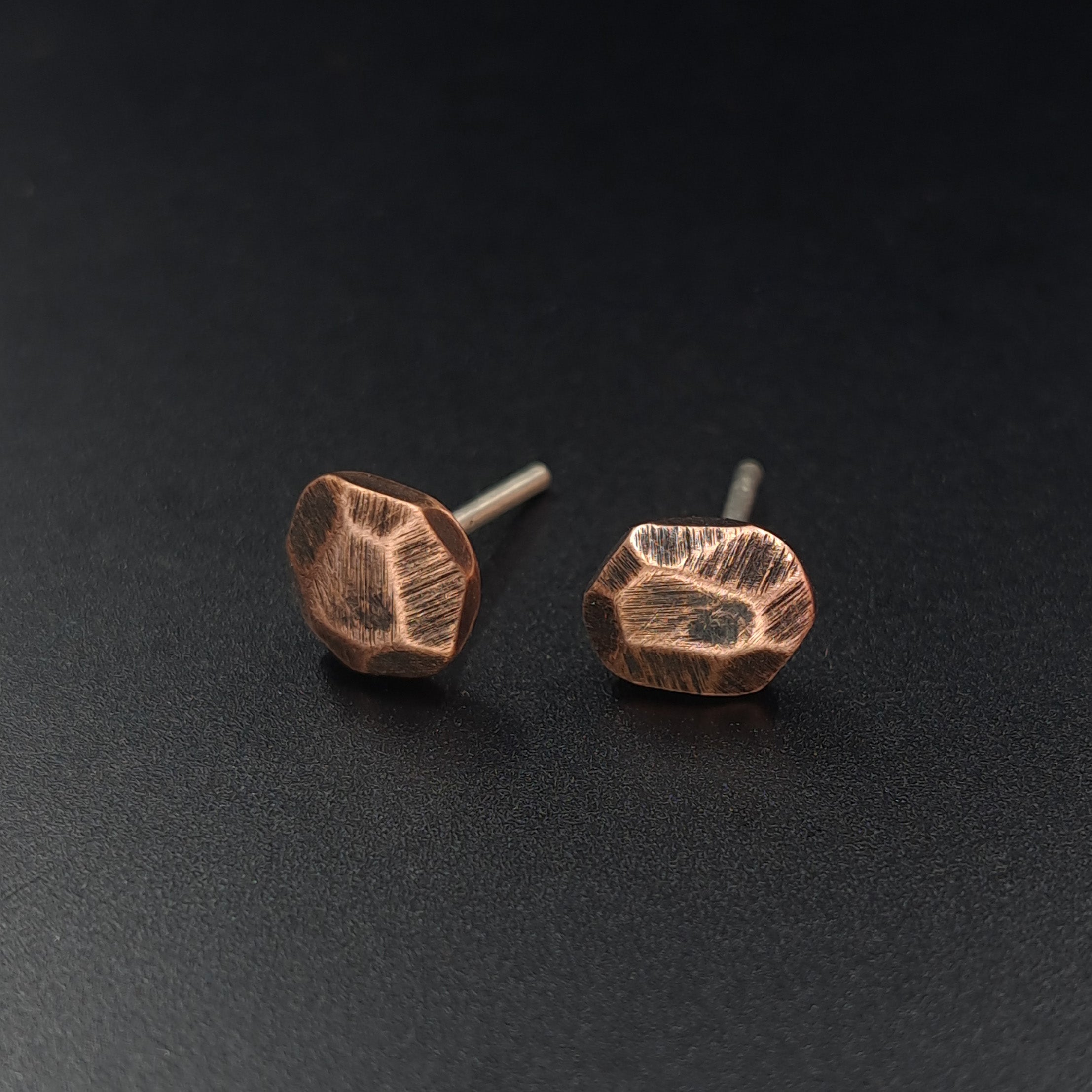 Faceted Copper Stud Earrings — 925 Sterling Silver Posts