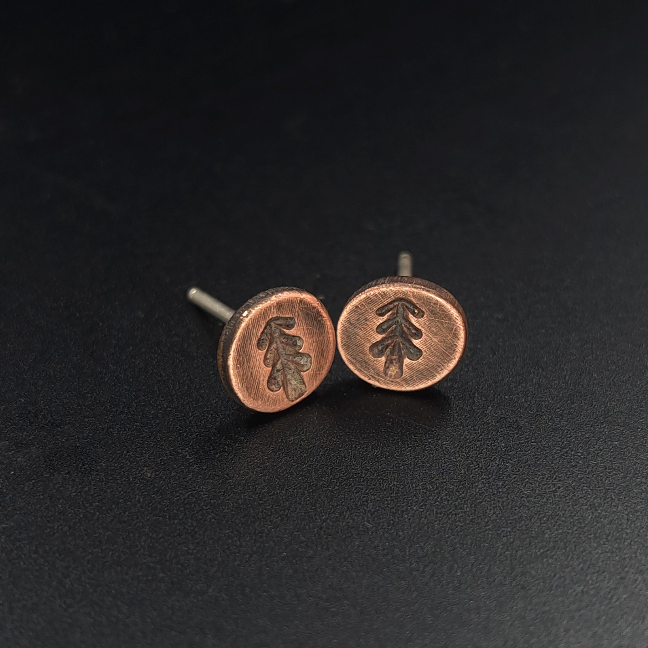 Fir-Stamped Copper Circle Stud Earrings — 925 Sterling Silver Posts