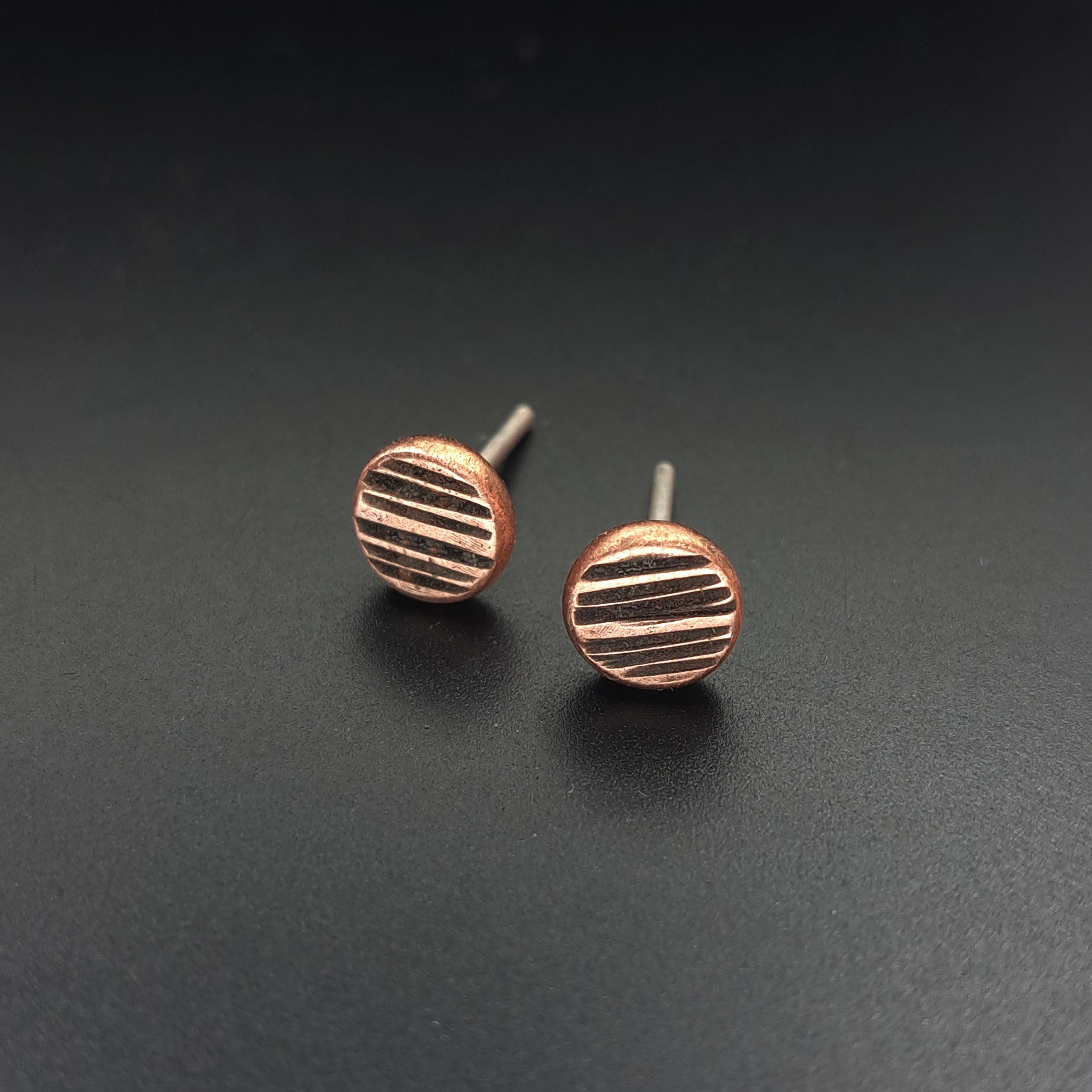 Lined Copper Circle Stud Earrings — 925 Sterling Silver Posts